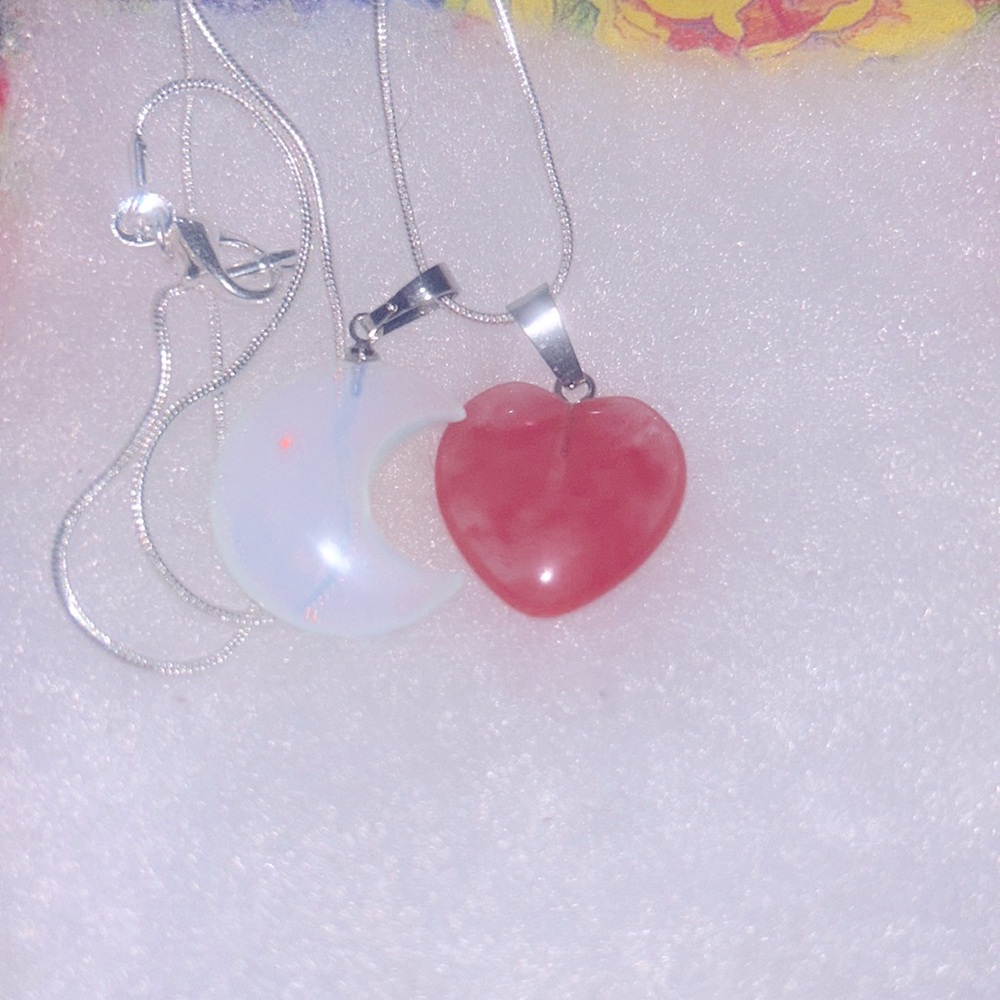 Boho hippie Opal Moon 🌙 & Cherry Quartz ❤️ heart Sterling Silver Necklace